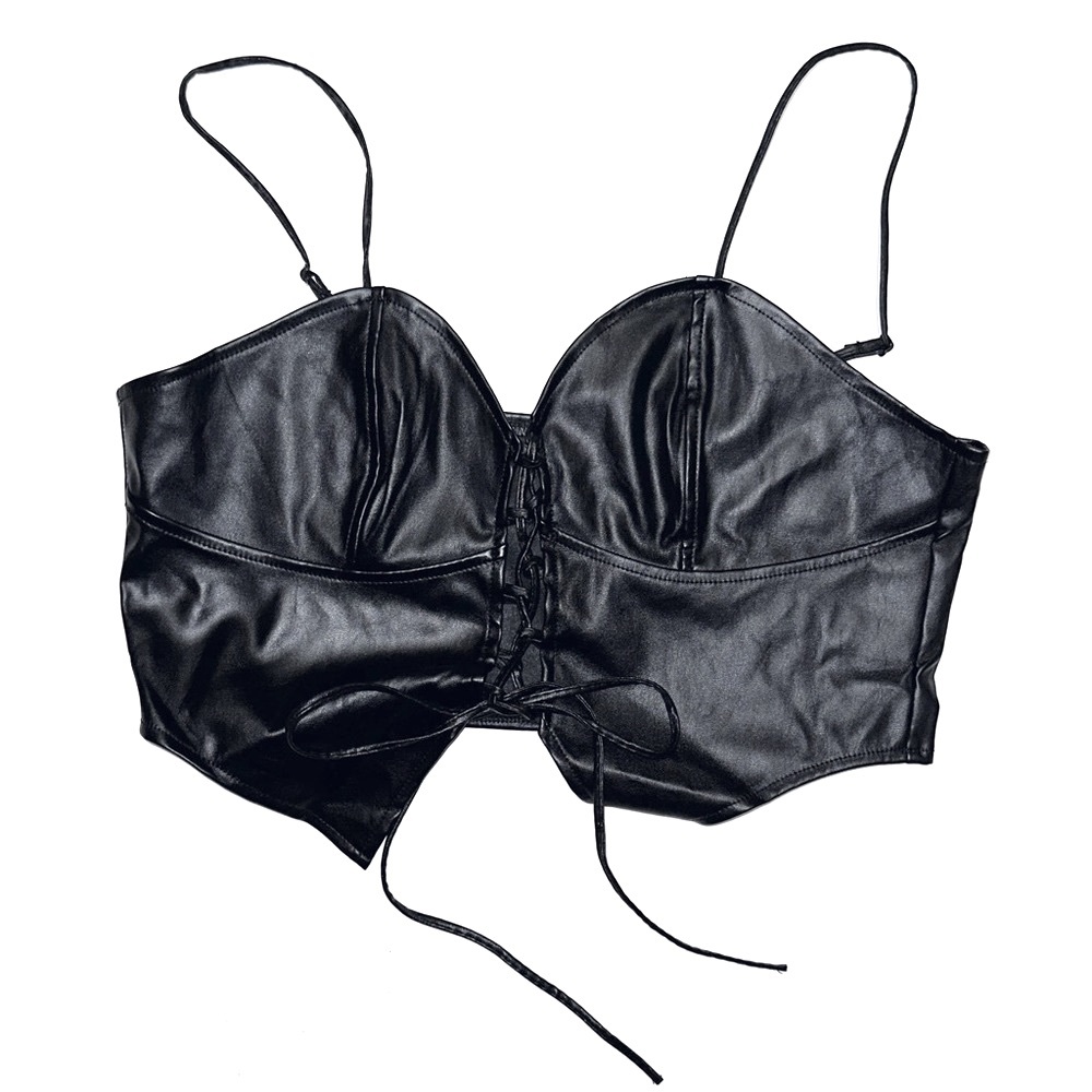 Black pleather lace up crop top - faux leather stretchy bustier - Shein size M